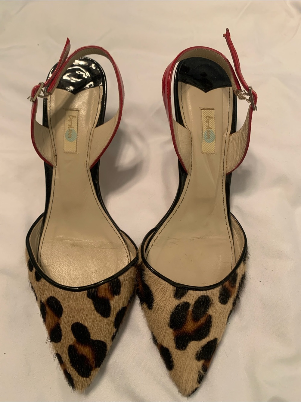 Boden Leopard Print Pointed Toe Slingback Heels with Red Straps